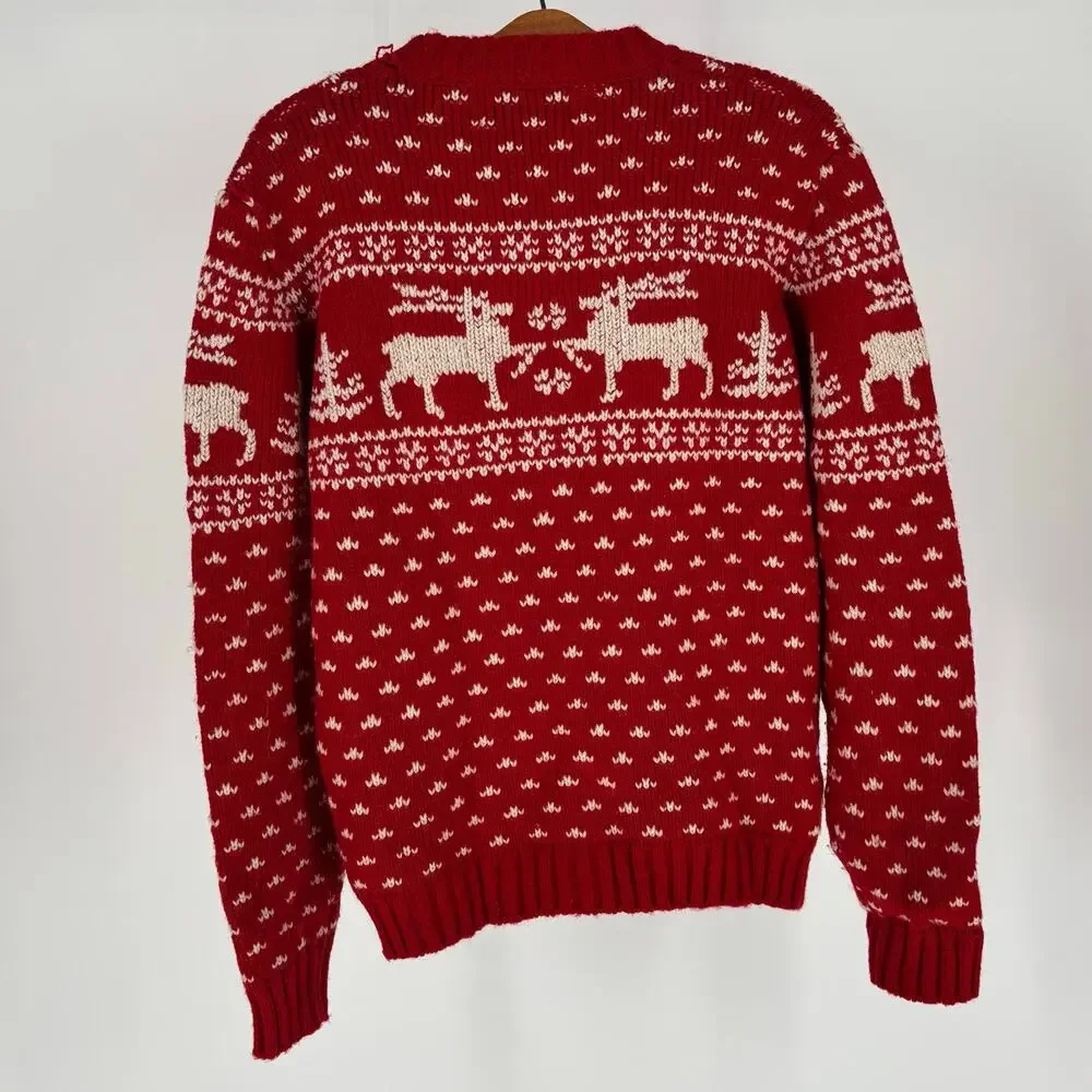 Vintage Aerodrille Nordic Fair Isle Reindeer Wool Blend Red Sweater, Womens XL